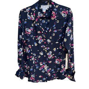 Diane Gilman Navy Floral Button-Up Silk Long Sleeve French Cuff Blouse New S